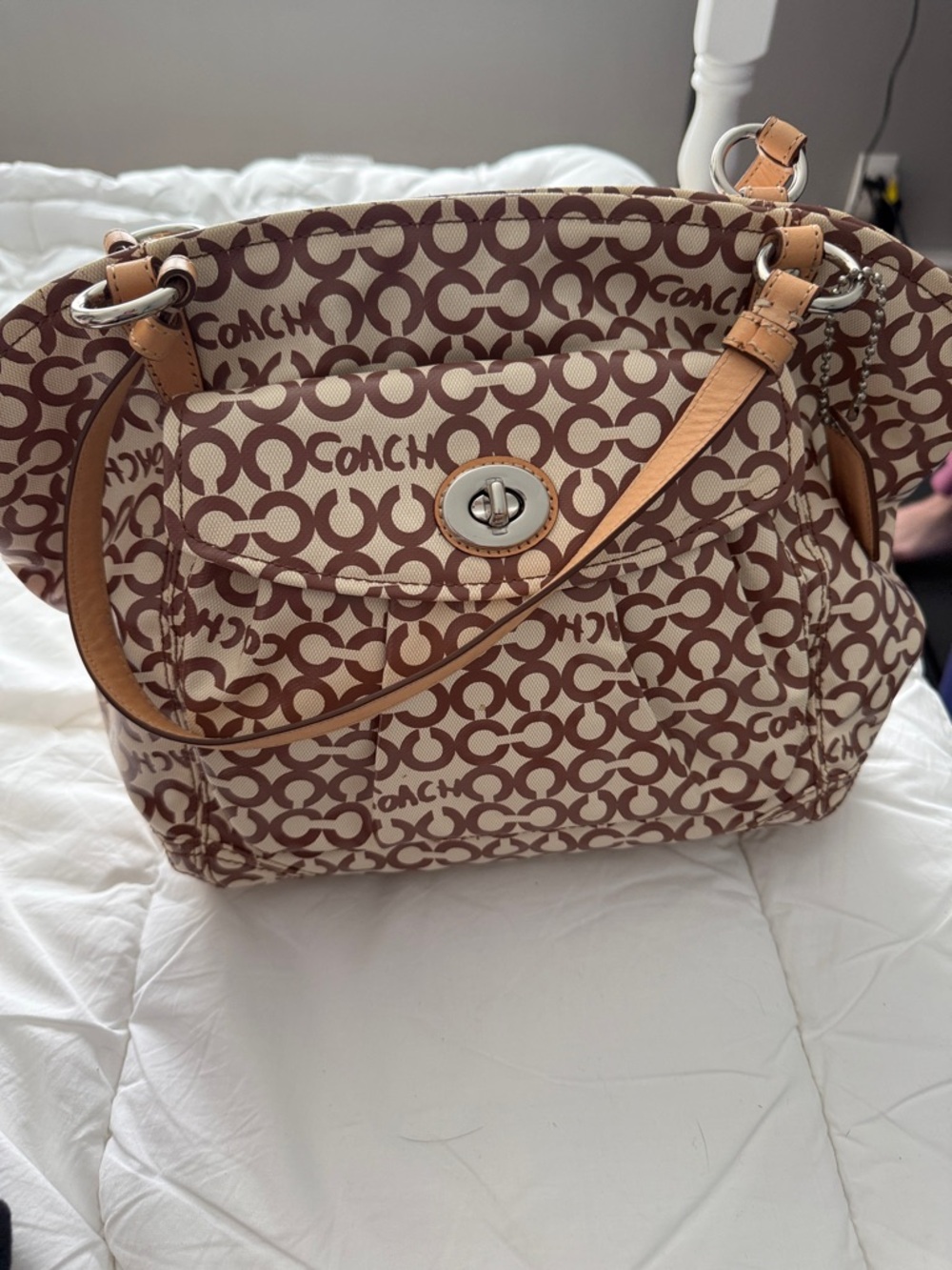 Coach Beige and Brown Signature Canvas Shoulder Bag